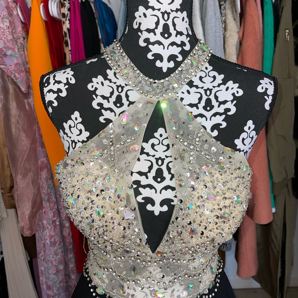 Champagne Crystal-Embellished Backless Halter Evening Dress
